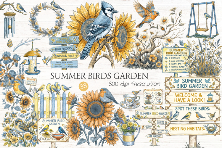 Summer Birds Garden Clipart