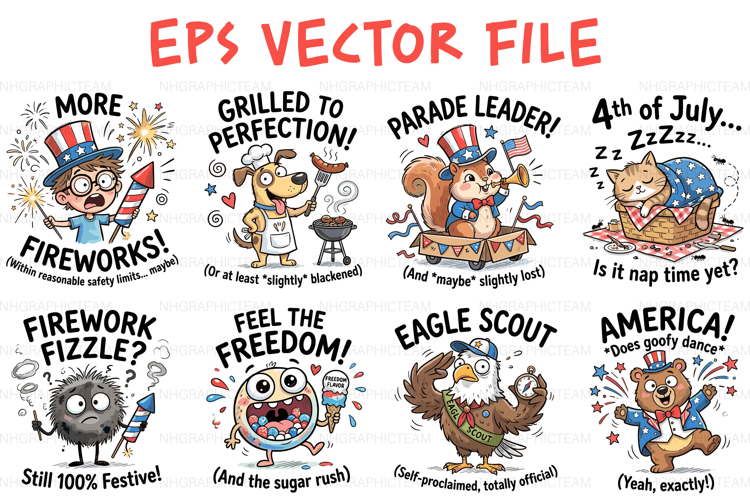 Funny 4th of July Cartoon Humor Badge Bundle T-Shirt EPS Set