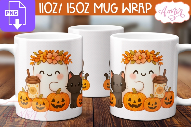 Cute Halloween mug wrap PNG, Cute ghost and pumpkins png