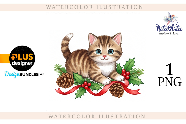 Christmas Kitten in Watercolor Style