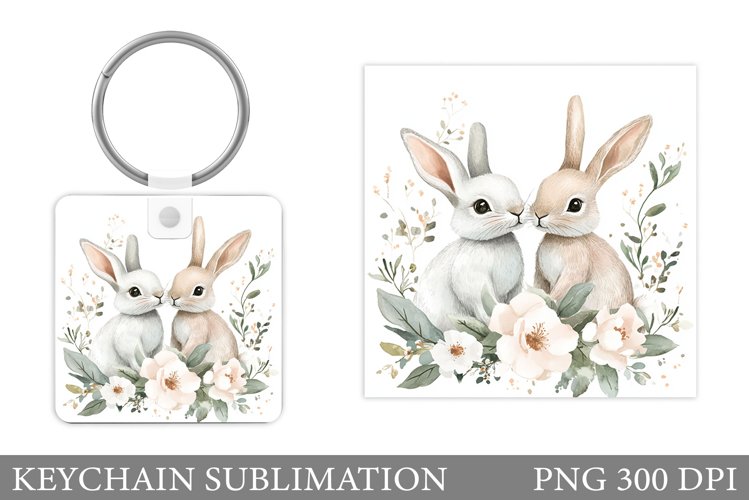 Cute Bunny Keychain. Bunny Flowers Keychain Sublimation