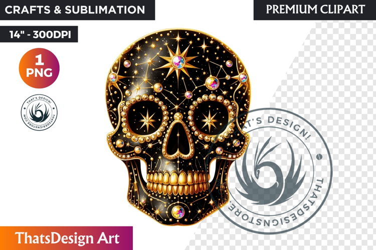Floral Black Gold Sugar Skull Day of the Dead Clipart PNG
