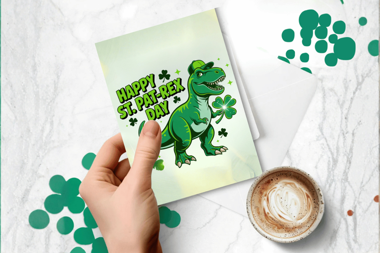Happy St Pat-Rex Day Cute Dinosaur Greeting Card PNG Sublima