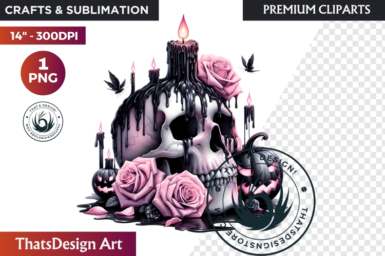 Pink and Black Gothic Halloween Skulls Clipart, pastel goth
