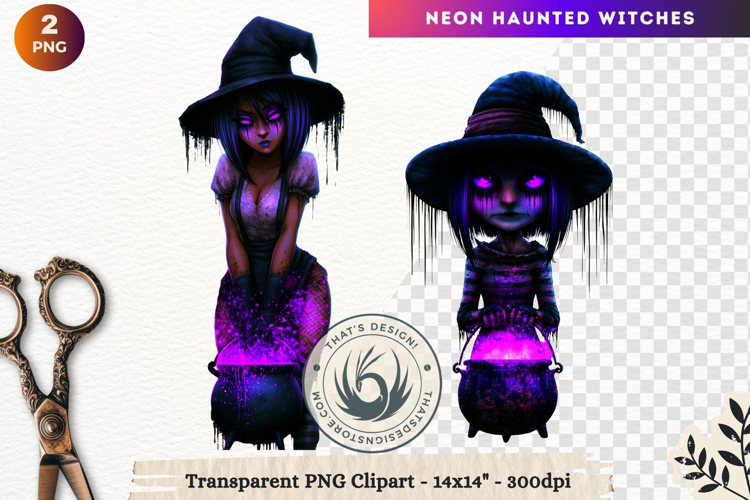 Neon Haunted Witches Clipart, Spooky Kawaii Halloween PNG