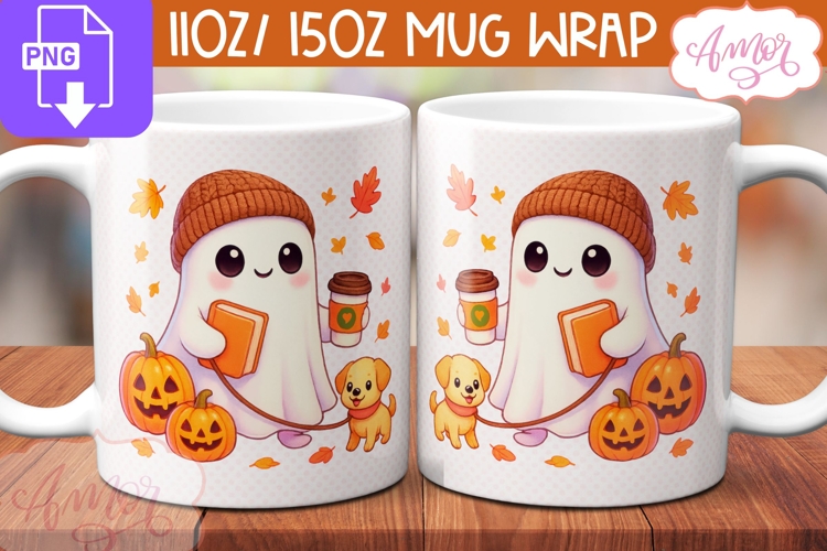 Fall Season Mug Wrap Sublimation, Cute Ghost Mug template
