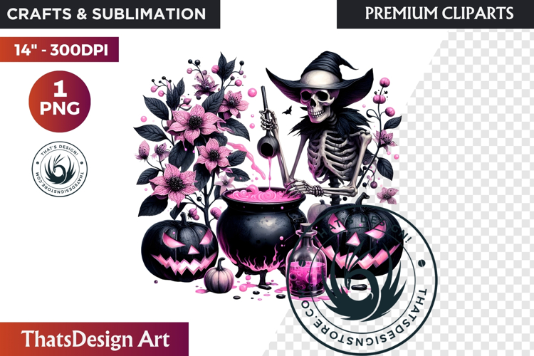 Pink & Black Gothic Halloween Skeleton Clipart PNG, Skull