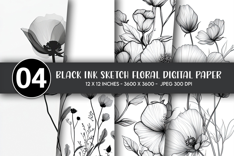 Black Ink Sketch Floral Digital Paper