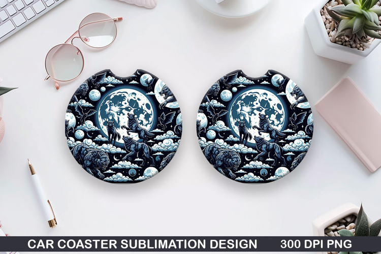 Two Wolves Car Coaster Sublimation |Halloween Coaster PNG