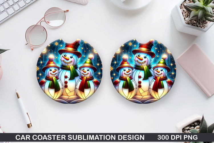 Snowman Car Coaster Sublimation|Christmas Coaster PNG Design