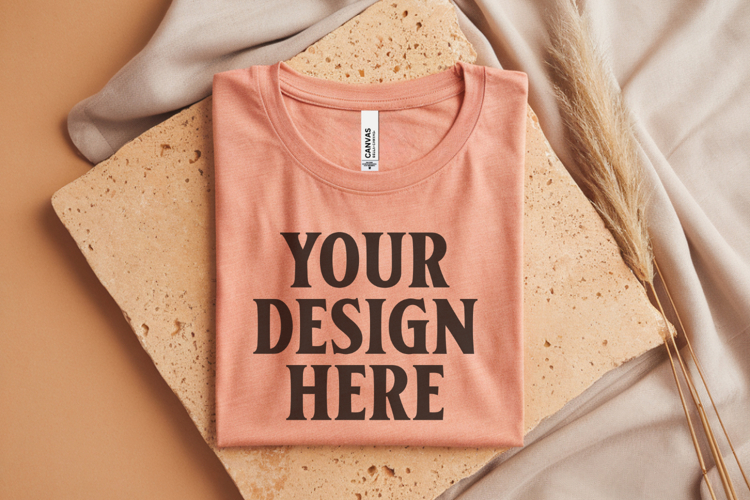 Heather Peach Bella Canvas 3001 Flat Lay T-Shirt Mockup