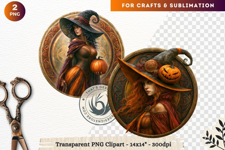 Dark Fantasy Halloween Witches Medallion Clipart sublimation