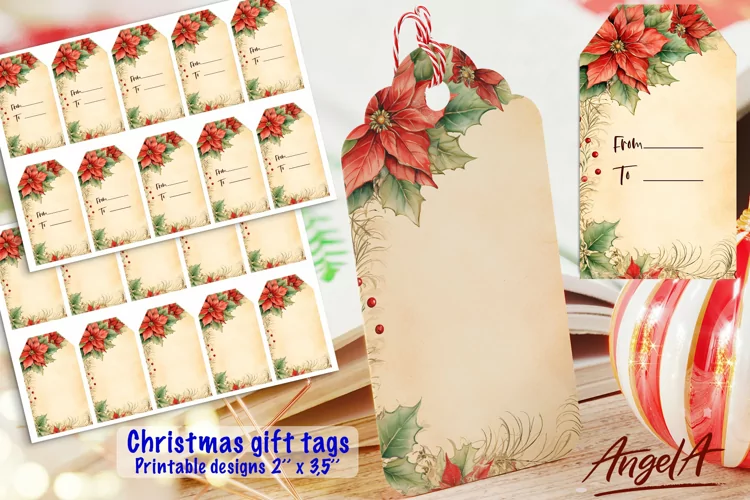 Merry Christmas printable tags, retro Christmas poinsettia