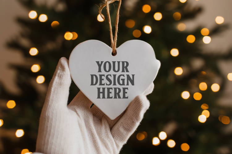 Romantic Christmas Ceramic Heart Ornament Mockup | Holiday