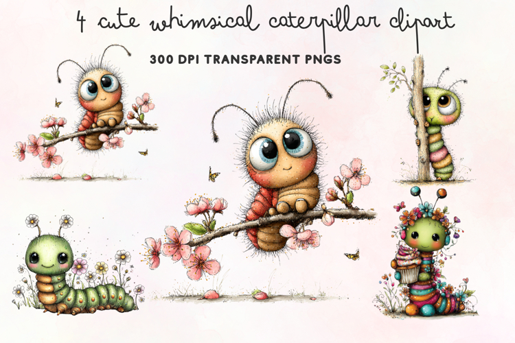 Cute Whimsical Caterpillar Clipart PNG example image 1