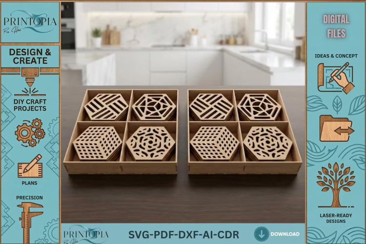 Geometric Laser Cut Coasters with Box Holder Set Modern Drin