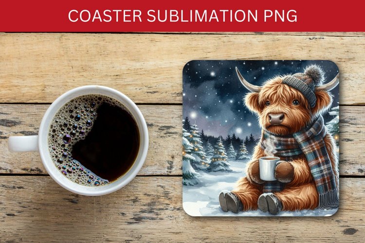 square coaster - highland cow and coffee example image 1