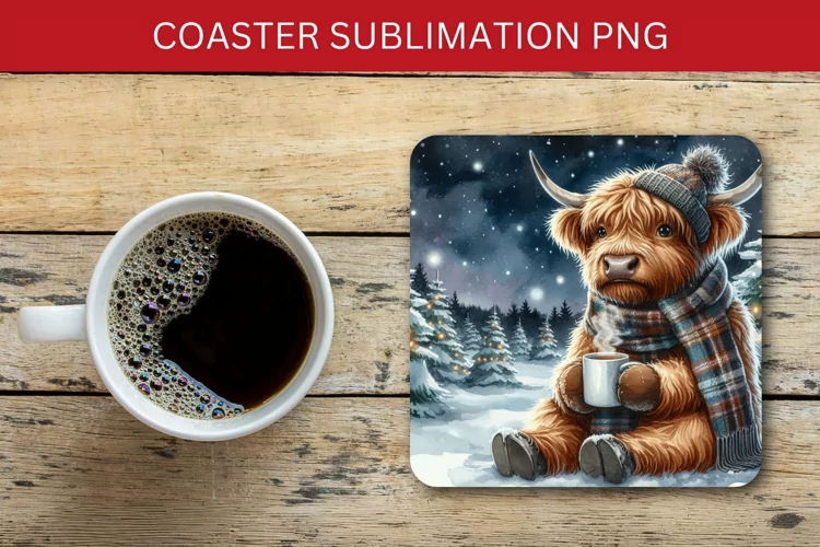square coaster - highland cow and coffee