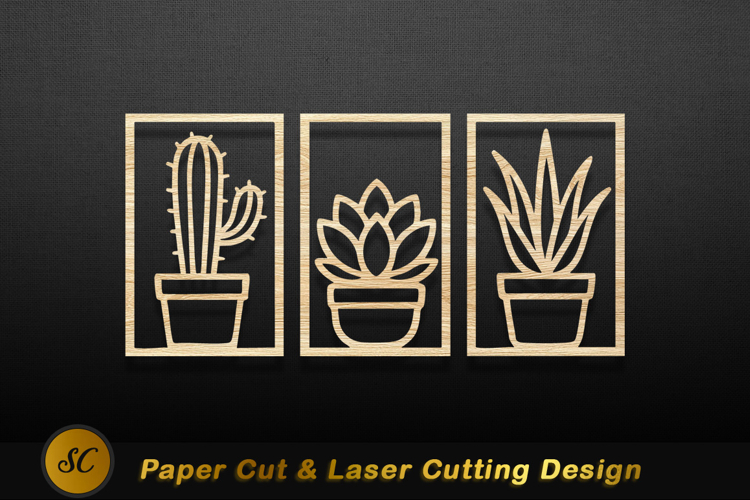 Wooden plant outlines in frames cactus succulent Laser Cut
