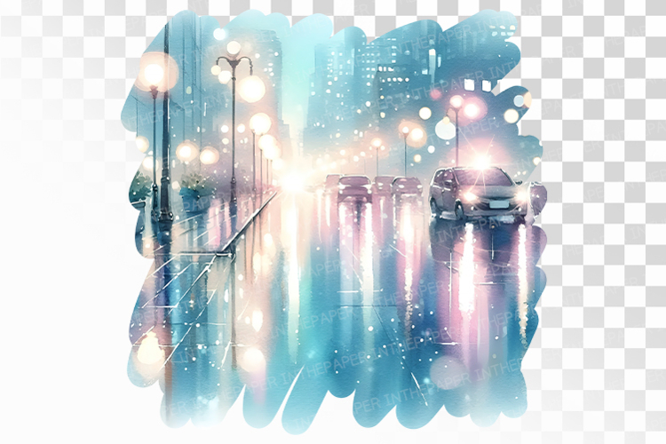 Rainy Road Landscape with Wet Asphalt and Reflections PNG