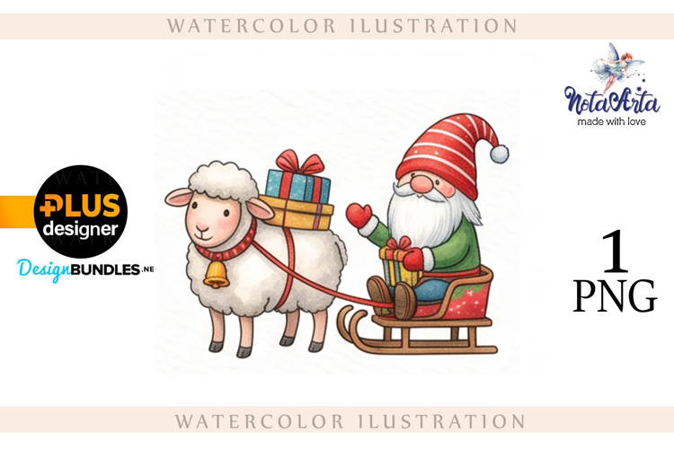 Christmas Gnome Santa with a Sheep in Watercolor Style