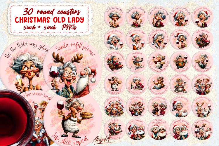 Christmas round coaster bundle Funny old lady sublimation