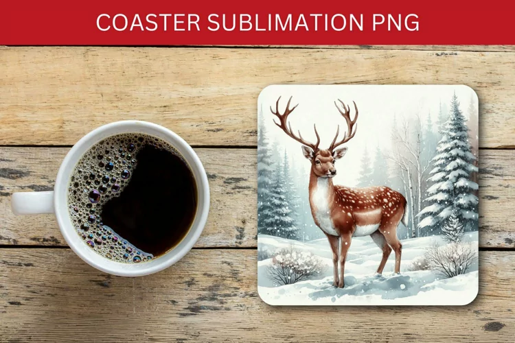 square coaster - deer in snowy forest
