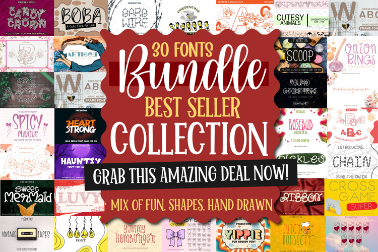 30 Fonts Bundle Collection - Mix of Fun and Hand Drawn Fonts