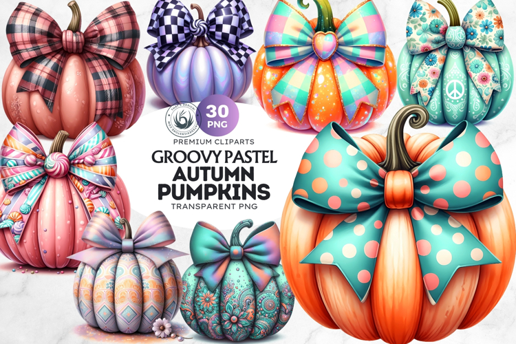 Groovy Pastel Coquette Pumpkins with bows Set, Boho autumn