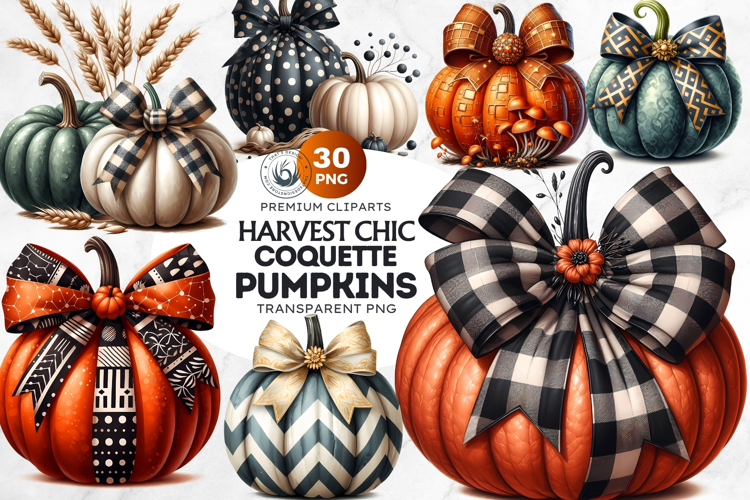 Harvest Coquette chic Pumpkins with bows Set, Boho autumn