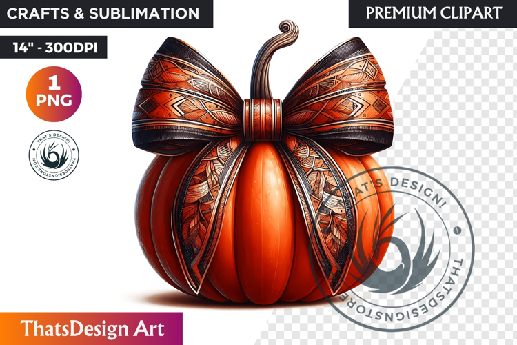 Harvest Coquette chic Pumpkin with bow, Boho autumn clipart