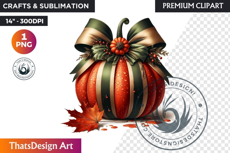 Harvest Coquette chic Pumpkin with bow, Boho autumn clipart