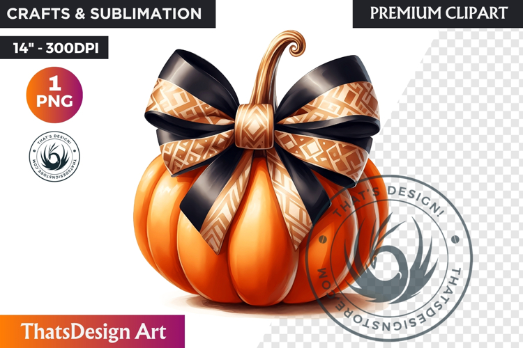Harvest Coquette chic Pumpkin with bow, Boho autumn clipart