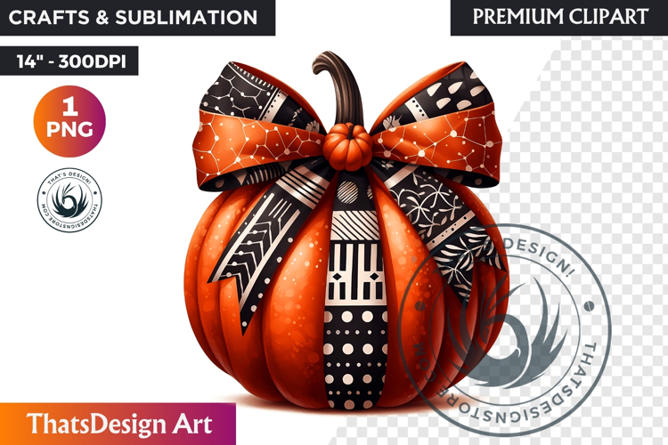 Harvest Coquette chic Pumpkin with bow, Boho autumn clipart