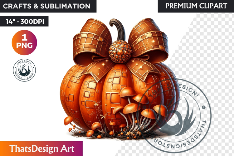 Harvest Coquette chic Pumpkin with bow, Boho autumn clipart