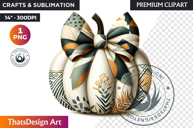 Harvest Coquette chic Pumpkin with bow, Boho autumn clipart
