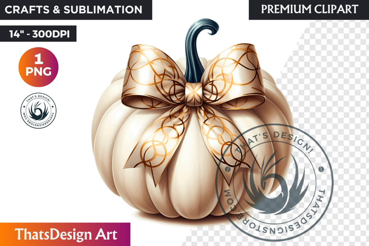 Harvest Coquette chic Pumpkin with bow, Boho autumn clipart