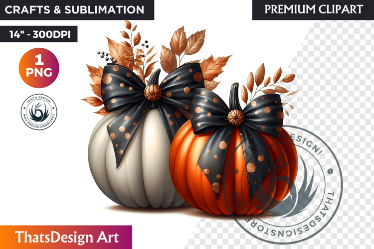 Harvest Coquette chic Pumpkin with bow, Boho autumn clipart