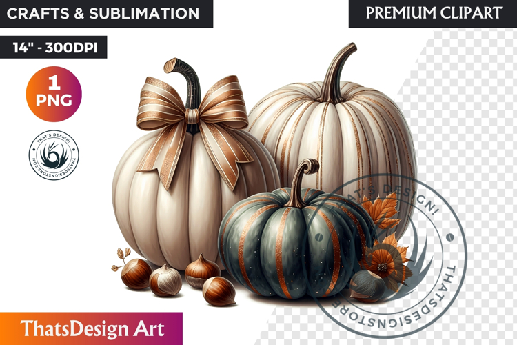 Harvest Coquette chic Pumpkin with bow, Boho autumn clipart
