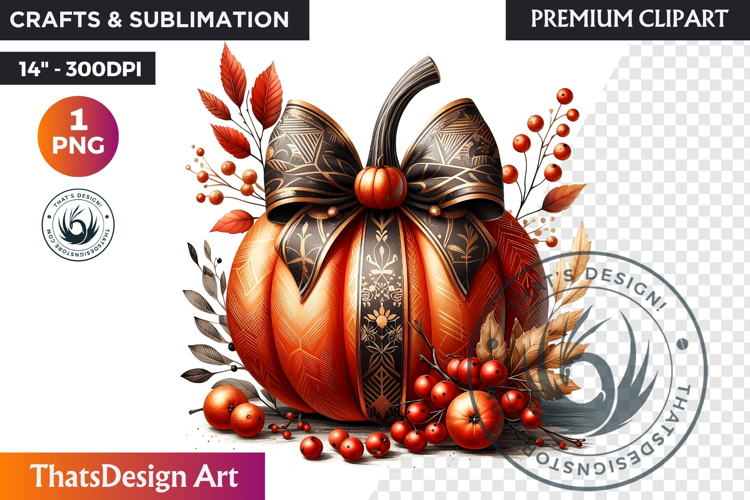 Harvest Coquette chic Pumpkin with bow, Boho autumn clipart