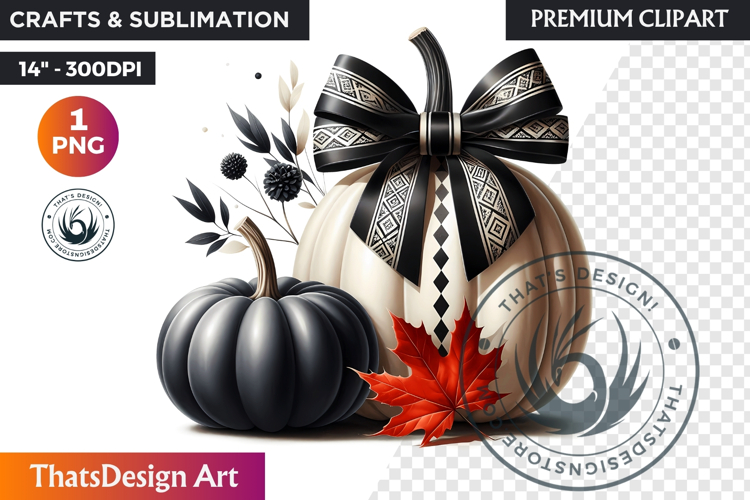 Harvest Coquette chic Pumpkin with bow, Boho autumn clipart