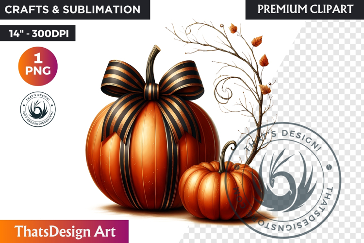 Harvest Coquette chic Pumpkin with bow, Boho autumn clipart