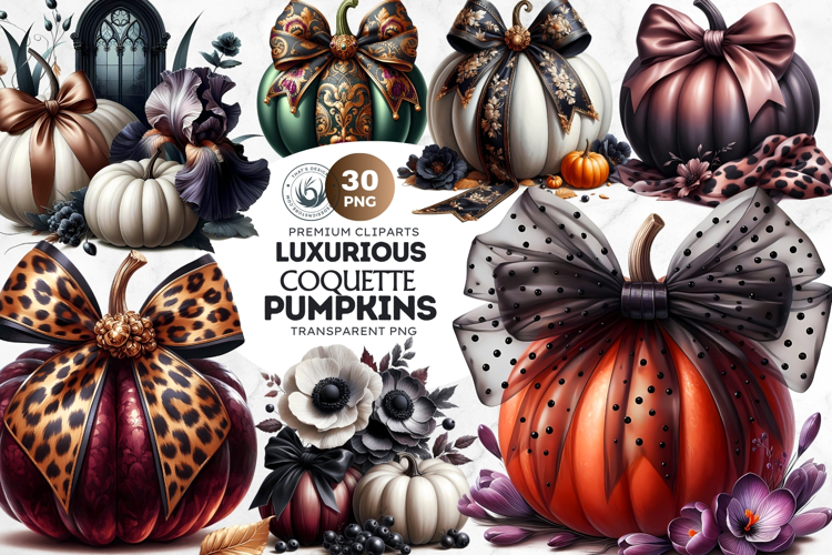Luxurious Coquette Pumpkins PNG set, Chic Fall Decor Clipart