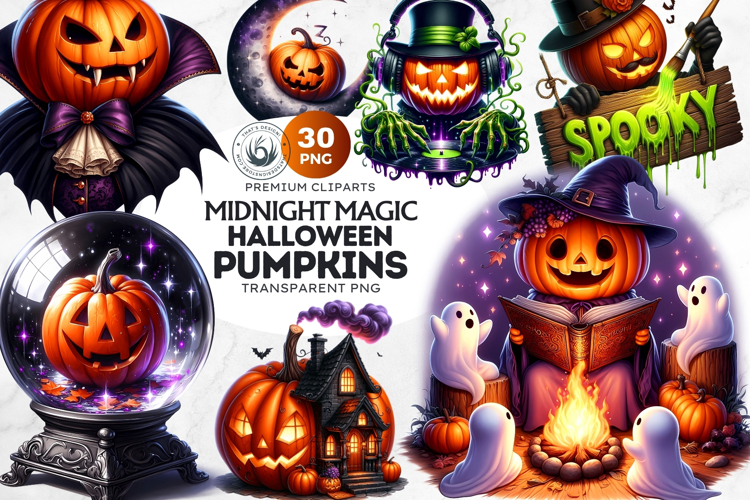 Midnight Magic Halloween Pumpkins PNG, Spooky Jack O Lantern