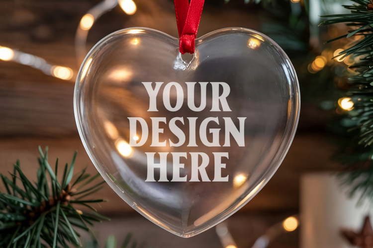 Christmas Heart Crystal Glass Ornament Mockup | Clear Heart