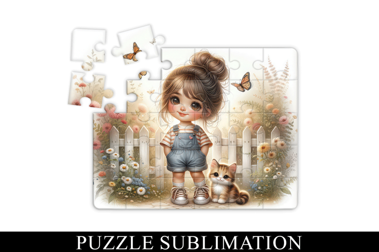 Cute Girl and Kitten Puzzle Sublimation PNG