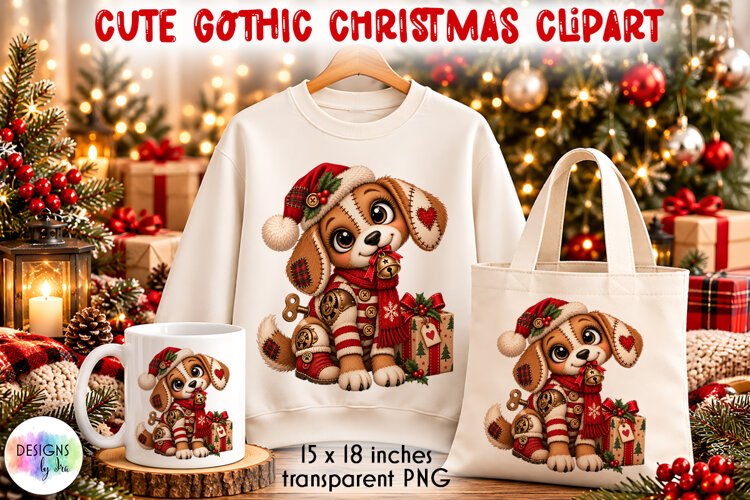 Cute Gothic Christmas Puppy with Gifts PNG