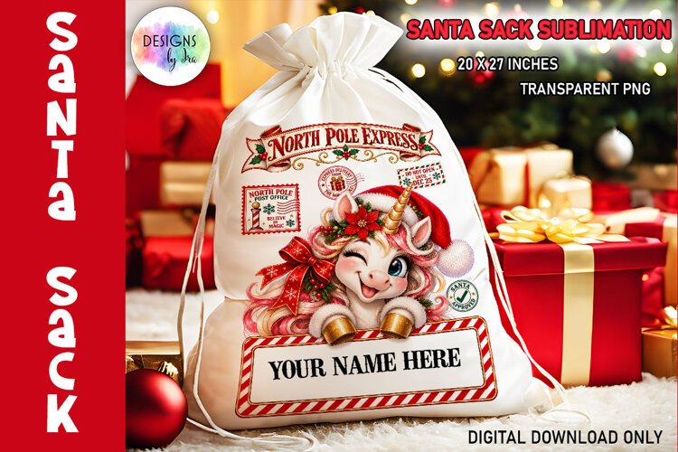 Christmas Unicorn Santa Sack Sublimation PNG example image 1