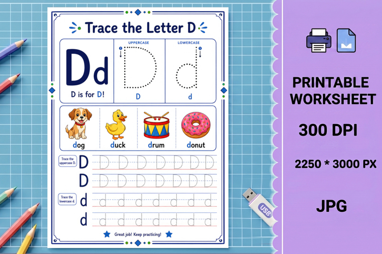 Letter d trace printable alphabet tracing worksheet
