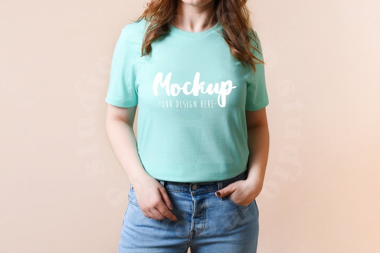 Heather Mint 3001 Bella Canvas Tshirt Mockup | Model Mockup example image 1